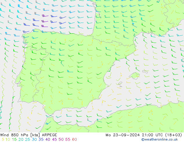 Vento 850 hPa ARPEGE Seg 23.09.2024 21 UTC