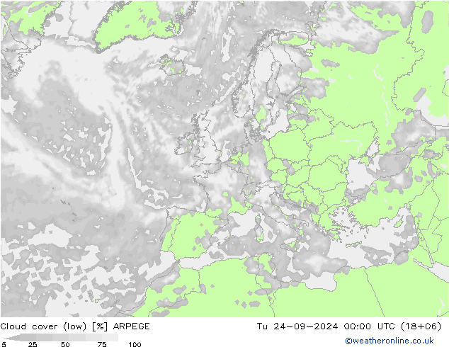 Cloud cover (low) ARPEGE Tu 24.09.2024 00 UTC