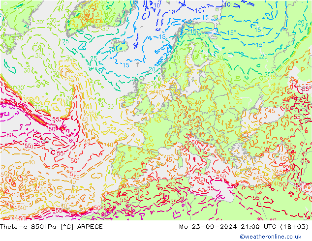 Theta-e 850hPa ARPEGE pon. 23.09.2024 21 UTC