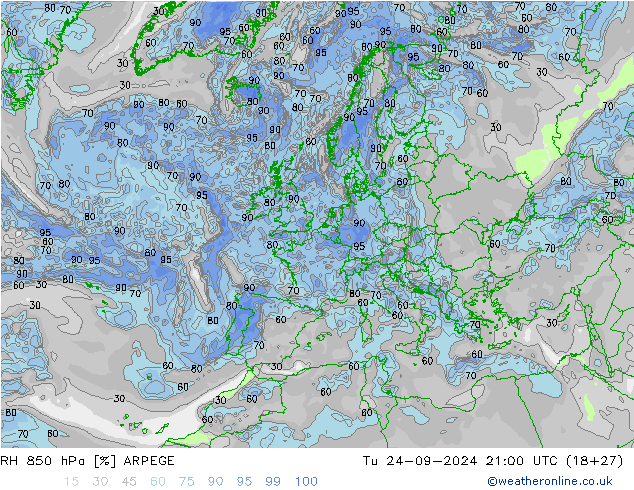 RH 850 hPa ARPEGE Tu 24.09.2024 21 UTC