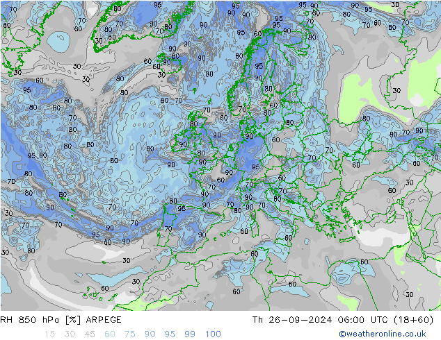 RH 850 гПа ARPEGE чт 26.09.2024 06 UTC