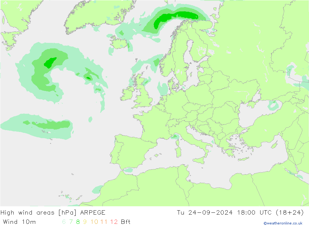 High wind areas ARPEGE mar 24.09.2024 18 UTC