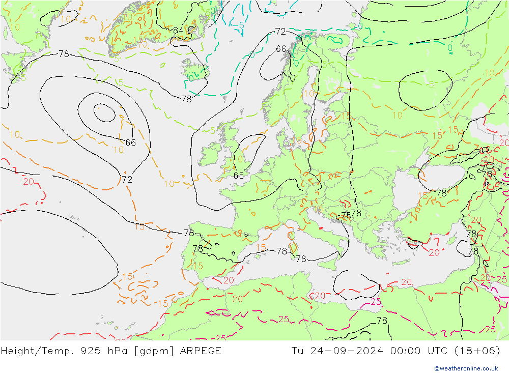 Height/Temp. 925 hPa ARPEGE  24.09.2024 00 UTC