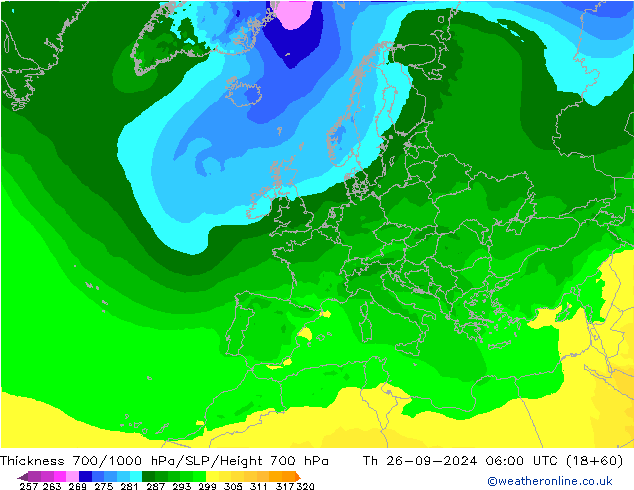 Thck 700-1000 hPa ARPEGE Th 26.09.2024 06 UTC