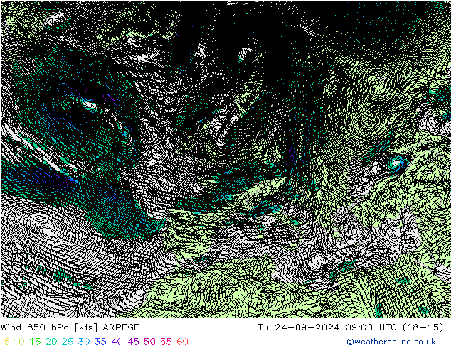 Rüzgar 850 hPa ARPEGE Sa 24.09.2024 09 UTC