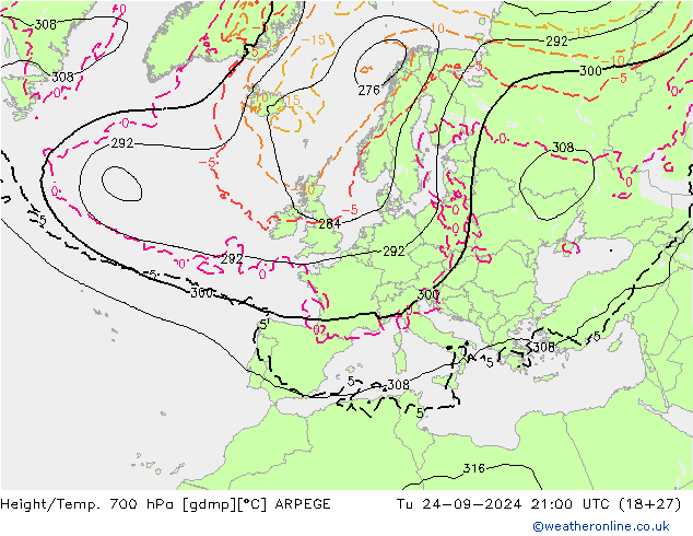 Hoogte/Temp. 700 hPa ARPEGE di 24.09.2024 21 UTC