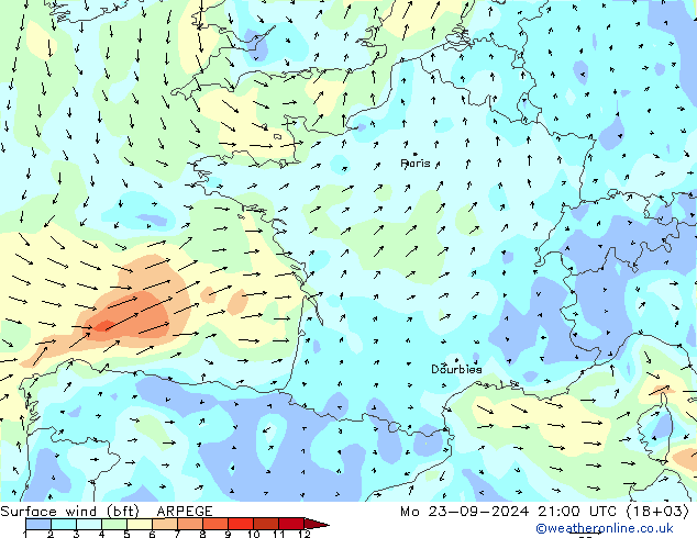 Bodenwind (bft) ARPEGE Mo 23.09.2024 21 UTC