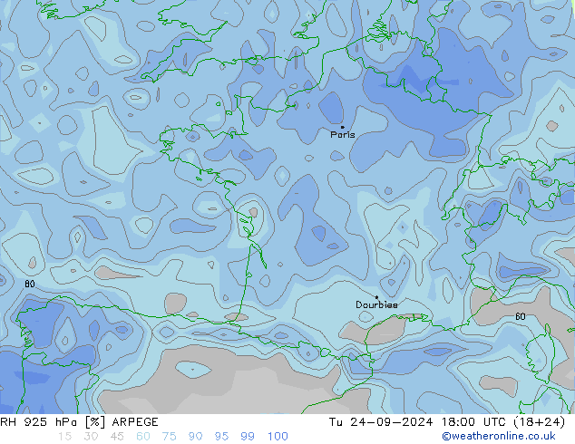 Humidité rel. 925 hPa ARPEGE mar 24.09.2024 18 UTC