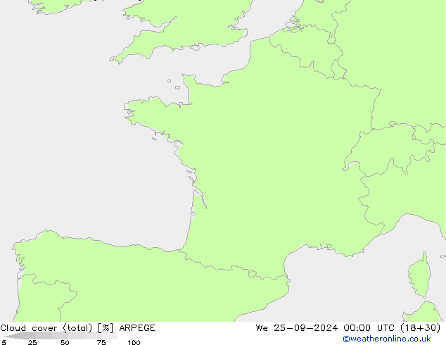 Bewolking (Totaal) ARPEGE wo 25.09.2024 00 UTC