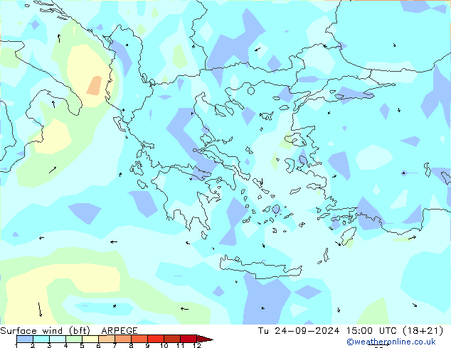 Vento 10 m (bft) ARPEGE mar 24.09.2024 15 UTC