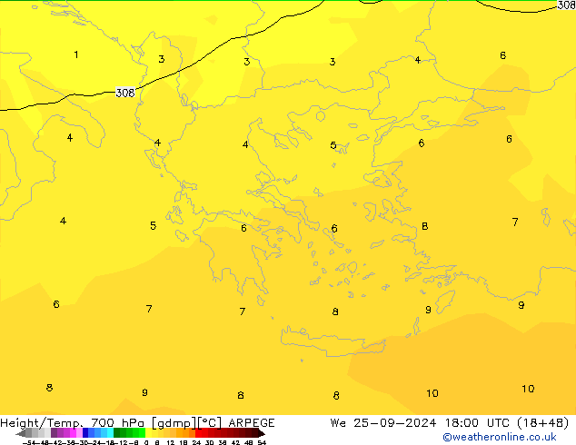 Height/Temp. 700 гПа ARPEGE ср 25.09.2024 18 UTC