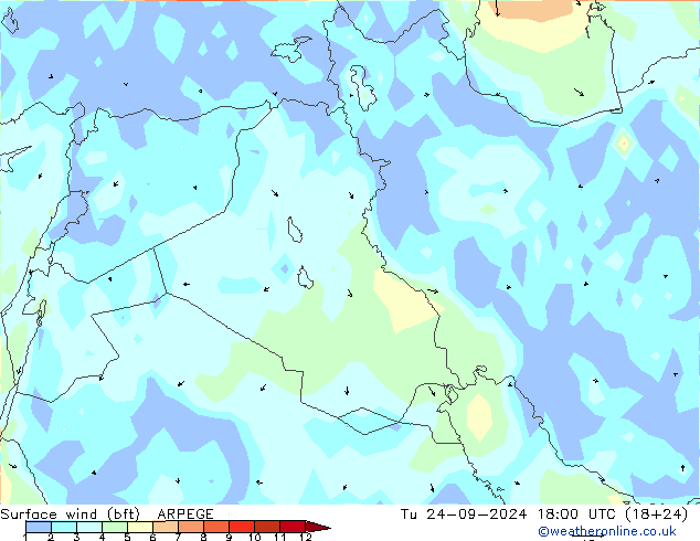 Vento 10 m (bft) ARPEGE Ter 24.09.2024 18 UTC