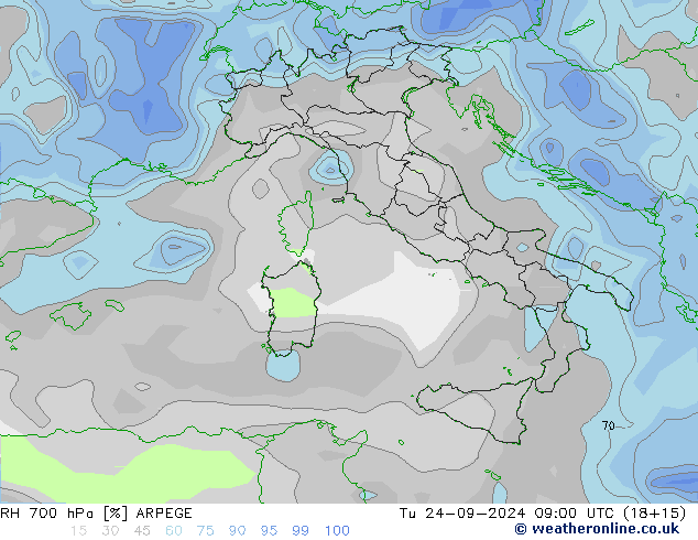 RH 700 hPa ARPEGE Tu 24.09.2024 09 UTC