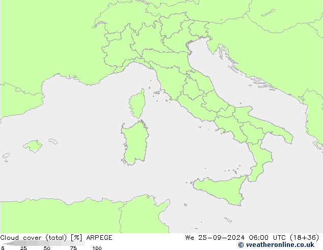 Cloud cover (total) ARPEGE We 25.09.2024 06 UTC