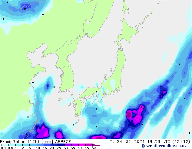 Precipitation (12h) ARPEGE Út 24.09.2024 06 UTC