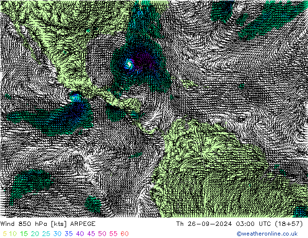 Wind 850 hPa ARPEGE Čt 26.09.2024 03 UTC