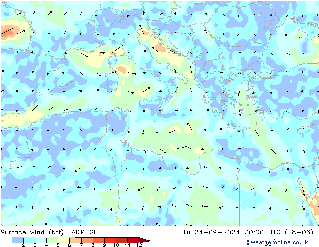Vento 10 m (bft) ARPEGE mar 24.09.2024 00 UTC