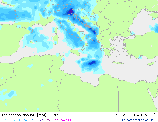 Totale neerslag ARPEGE di 24.09.2024 18 UTC