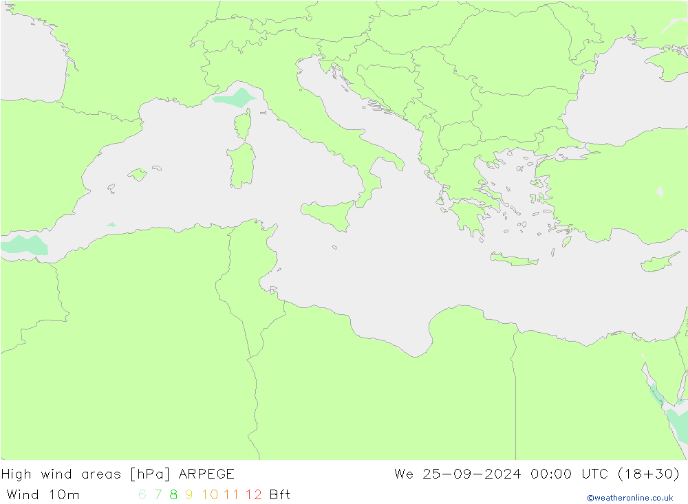 High wind areas ARPEGE Qua 25.09.2024 00 UTC