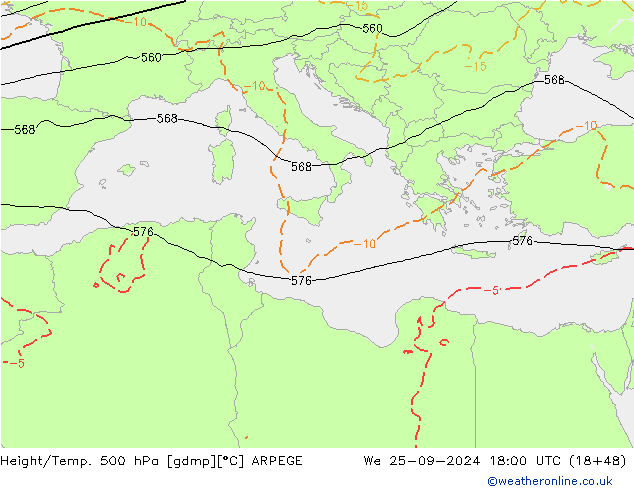 Height/Temp. 500 hPa ARPEGE mer 25.09.2024 18 UTC