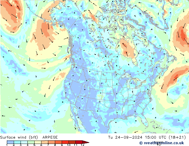 Surface wind (bft) ARPEGE Út 24.09.2024 15 UTC