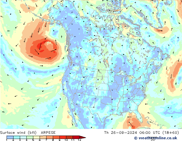 Wind 10 m (bft) ARPEGE do 26.09.2024 06 UTC