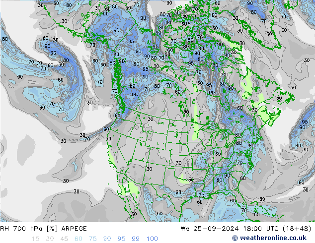 RH 700 hPa ARPEGE We 25.09.2024 18 UTC