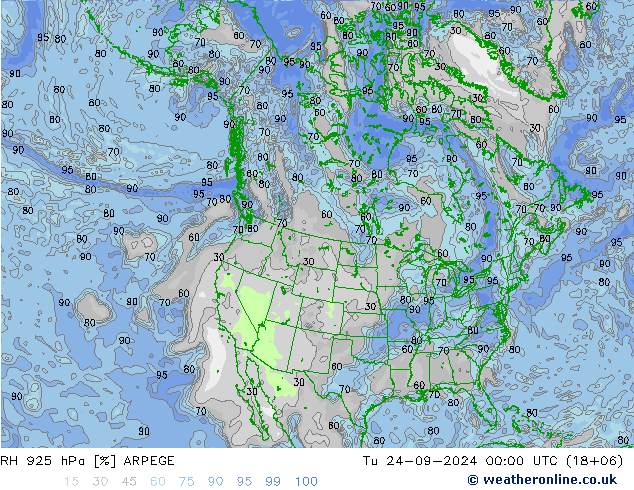 RH 925 hPa ARPEGE Tu 24.09.2024 00 UTC