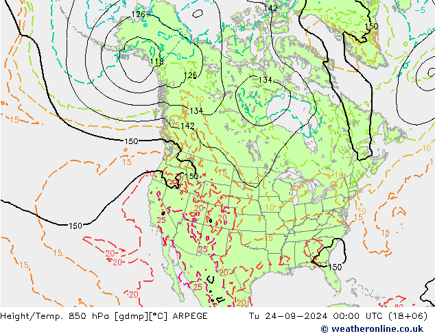 Hoogte/Temp. 850 hPa ARPEGE di 24.09.2024 00 UTC