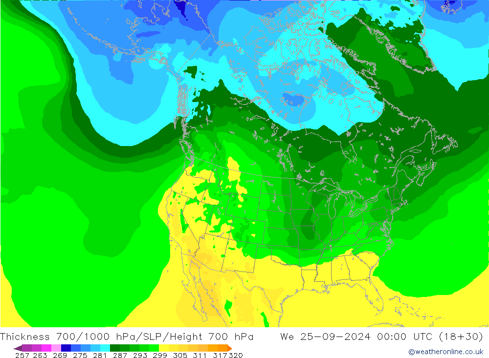 Thck 700-1000 hPa ARPEGE śro. 25.09.2024 00 UTC