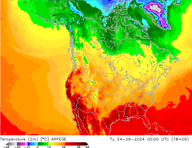 mapa temperatury (2m) ARPEGE wto. 24.09.2024 00 UTC