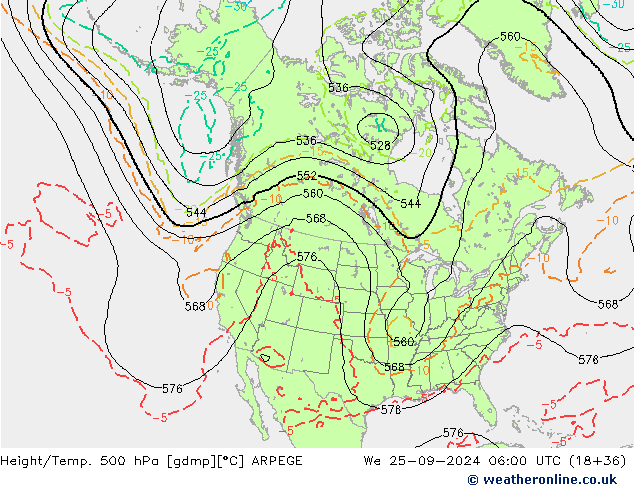 Height/Temp. 500 hPa ARPEGE Qua 25.09.2024 06 UTC