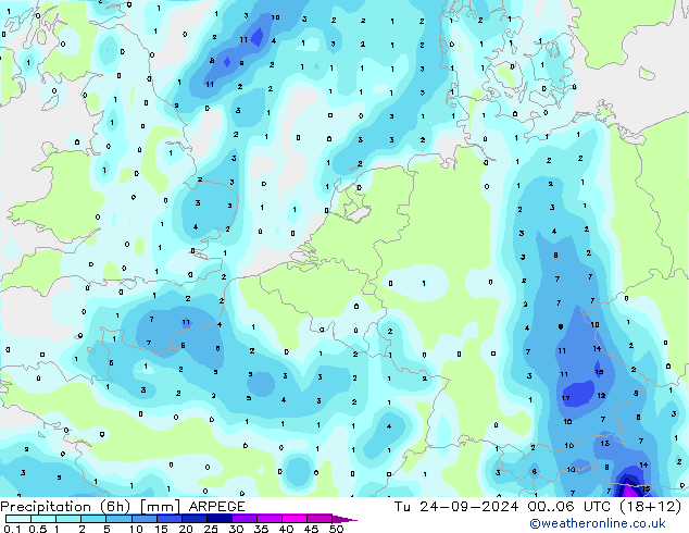 Precipitación (6h) ARPEGE mar 24.09.2024 06 UTC