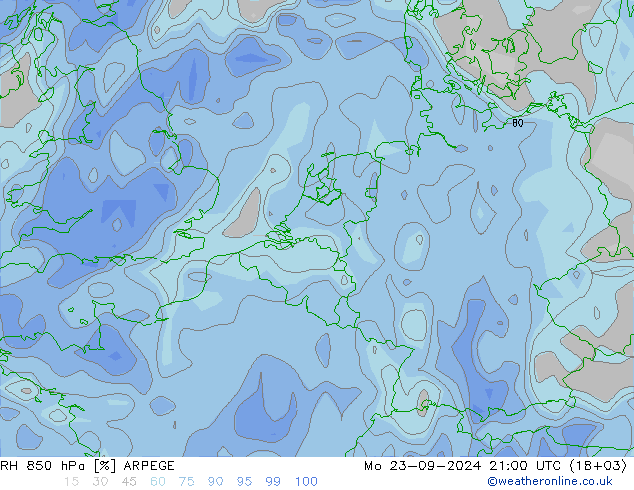 Humidité rel. 850 hPa ARPEGE lun 23.09.2024 21 UTC