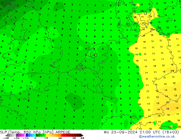 SLP/Temp. 850 hPa ARPEGE  23.09.2024 21 UTC