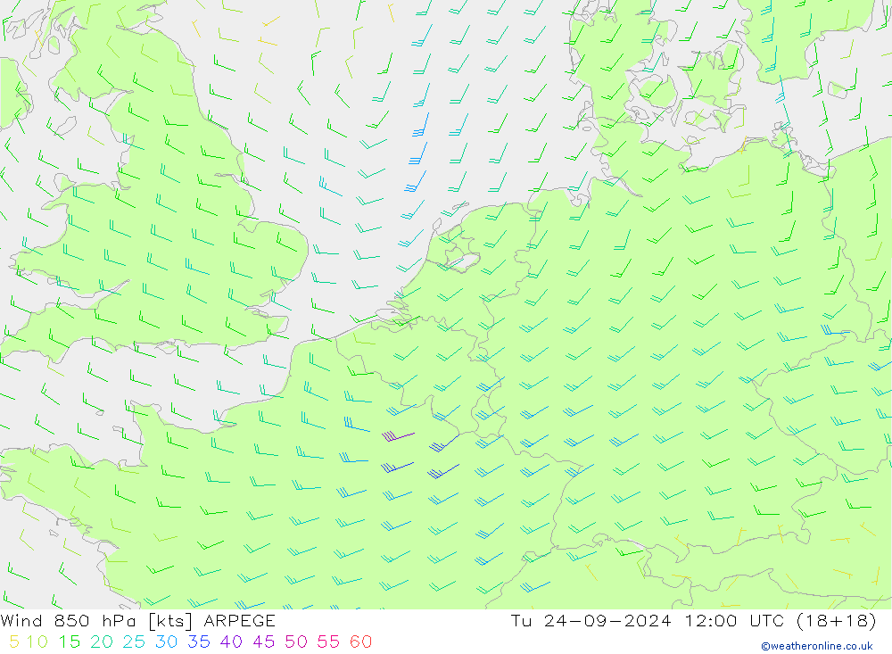 Wind 850 hPa ARPEGE Út 24.09.2024 12 UTC