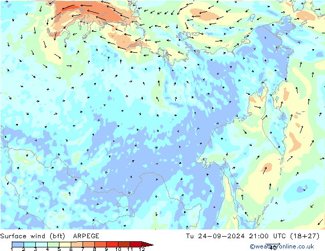 Viento 10 m (bft) ARPEGE mar 24.09.2024 21 UTC