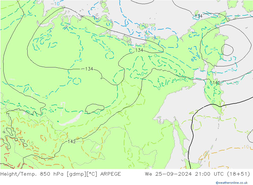 Yükseklik/Sıc. 850 hPa ARPEGE Çar 25.09.2024 21 UTC