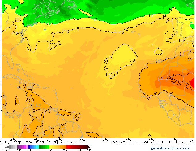 850 hPa Yer Bas./Sıc ARPEGE Çar 25.09.2024 06 UTC