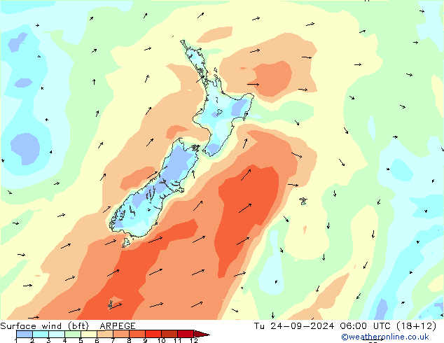 Surface wind (bft) ARPEGE Tu 24.09.2024 06 UTC