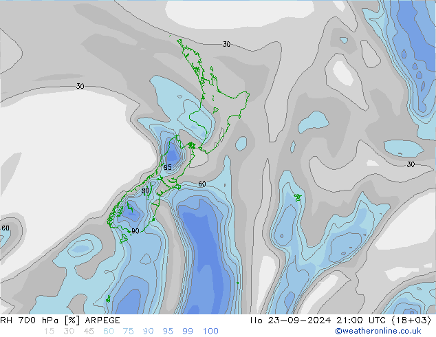 RH 700 hPa ARPEGE pon. 23.09.2024 21 UTC