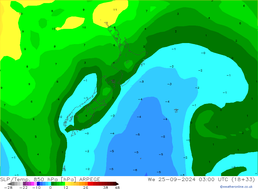 SLP/Temp. 850 hPa ARPEGE We 25.09.2024 03 UTC