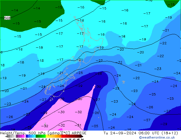 Height/Temp. 500 hPa ARPEGE Ter 24.09.2024 06 UTC