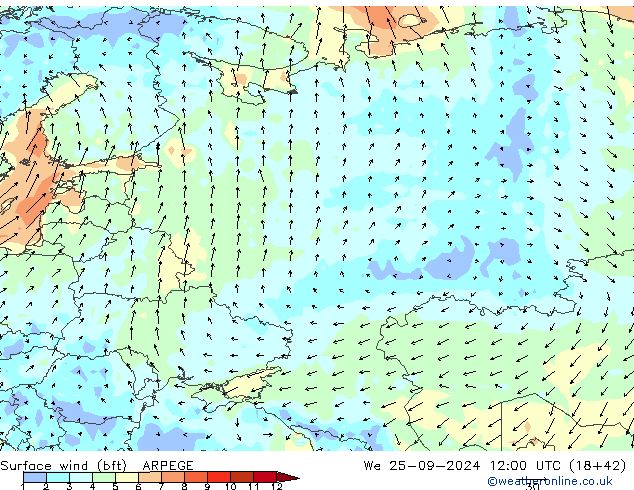 wiatr 10 m (bft) ARPEGE śro. 25.09.2024 12 UTC