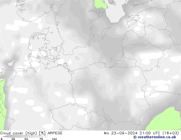 Cloud cover (high) ARPEGE Mo 23.09.2024 21 UTC