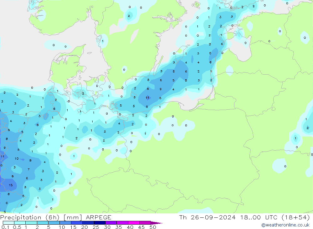 Precipitation (6h) ARPEGE Čt 26.09.2024 00 UTC