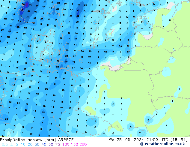 Precipitation accum. ARPEGE ср 25.09.2024 21 UTC