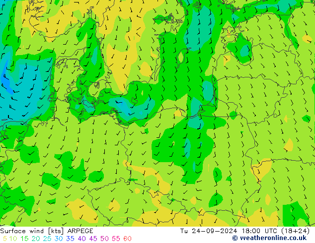 wiatr 10 m ARPEGE wto. 24.09.2024 18 UTC