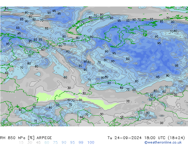 Humedad rel. 850hPa ARPEGE mar 24.09.2024 18 UTC