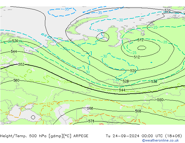 Height/Temp. 500 hPa ARPEGE Tu 24.09.2024 00 UTC